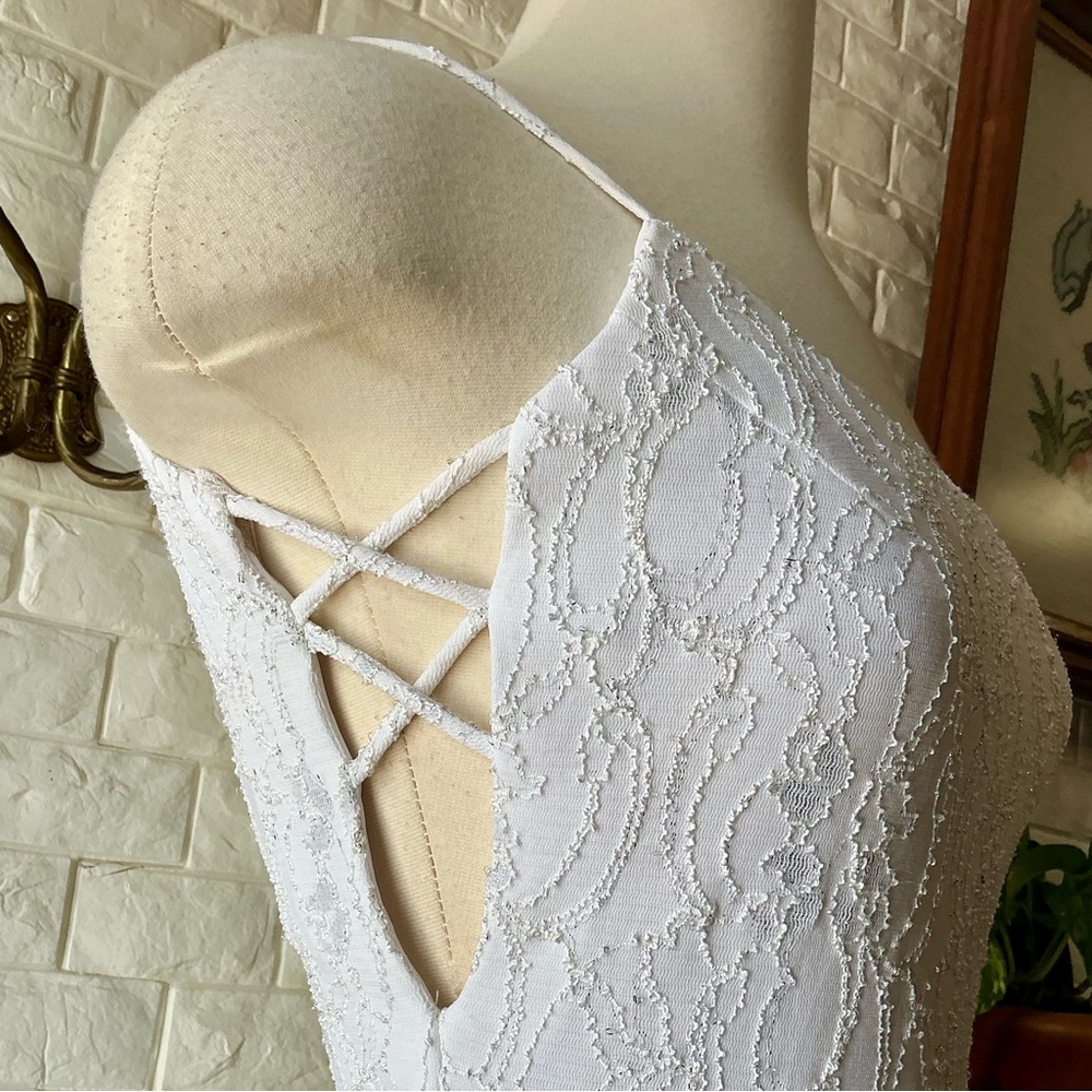 Vintage 1990s White Lace Overlay Bodycon Formal Dress Side Cut-Outs Scoop Back - Picture 7 of 14